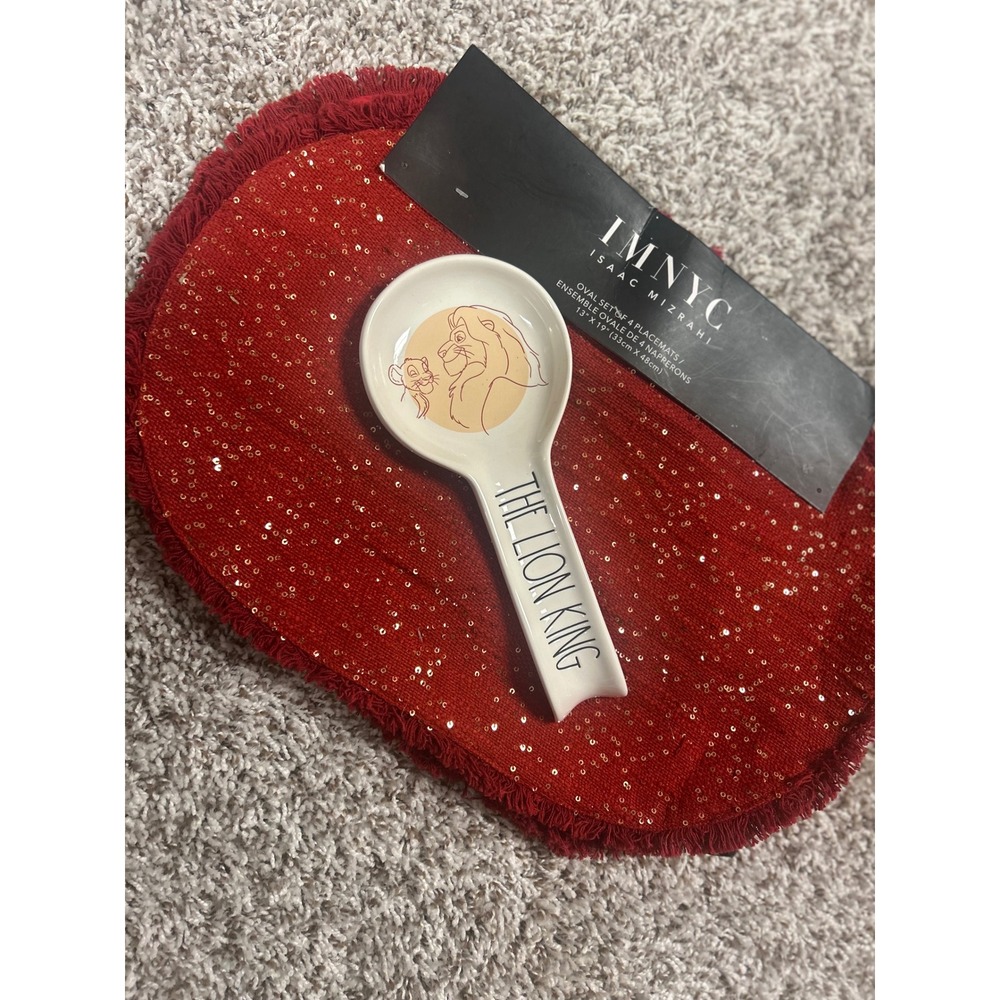 Rae Dunn Disney Lion King Spoon Rest & Isaac Mizrahi Red Sequin Placemats Set